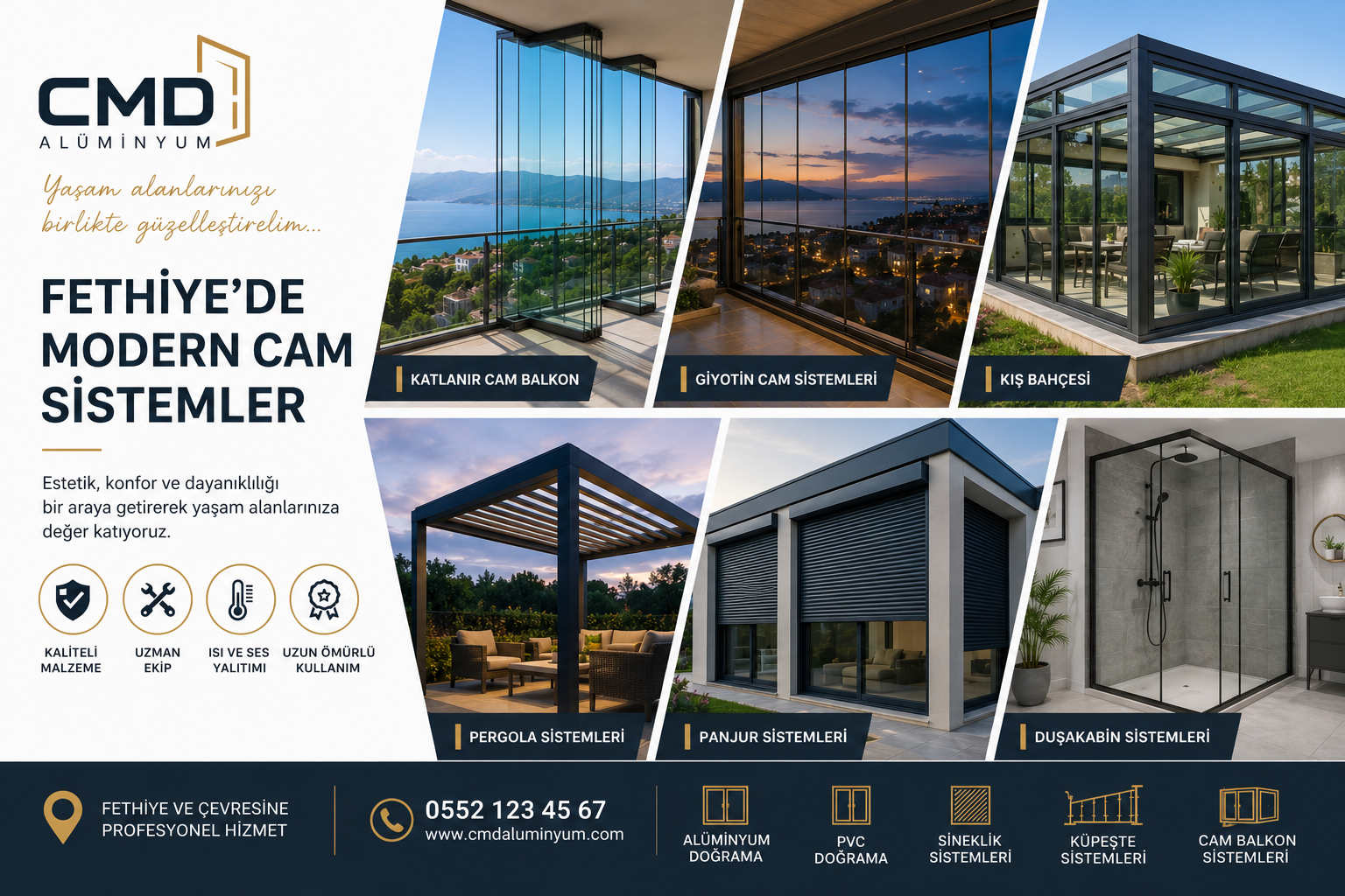 Fethiye Cam Balkon, Giyotin Cam, Katlanır Cam Balkon ve Kış Bahçesi Sistemleri | CMD Alüminyum