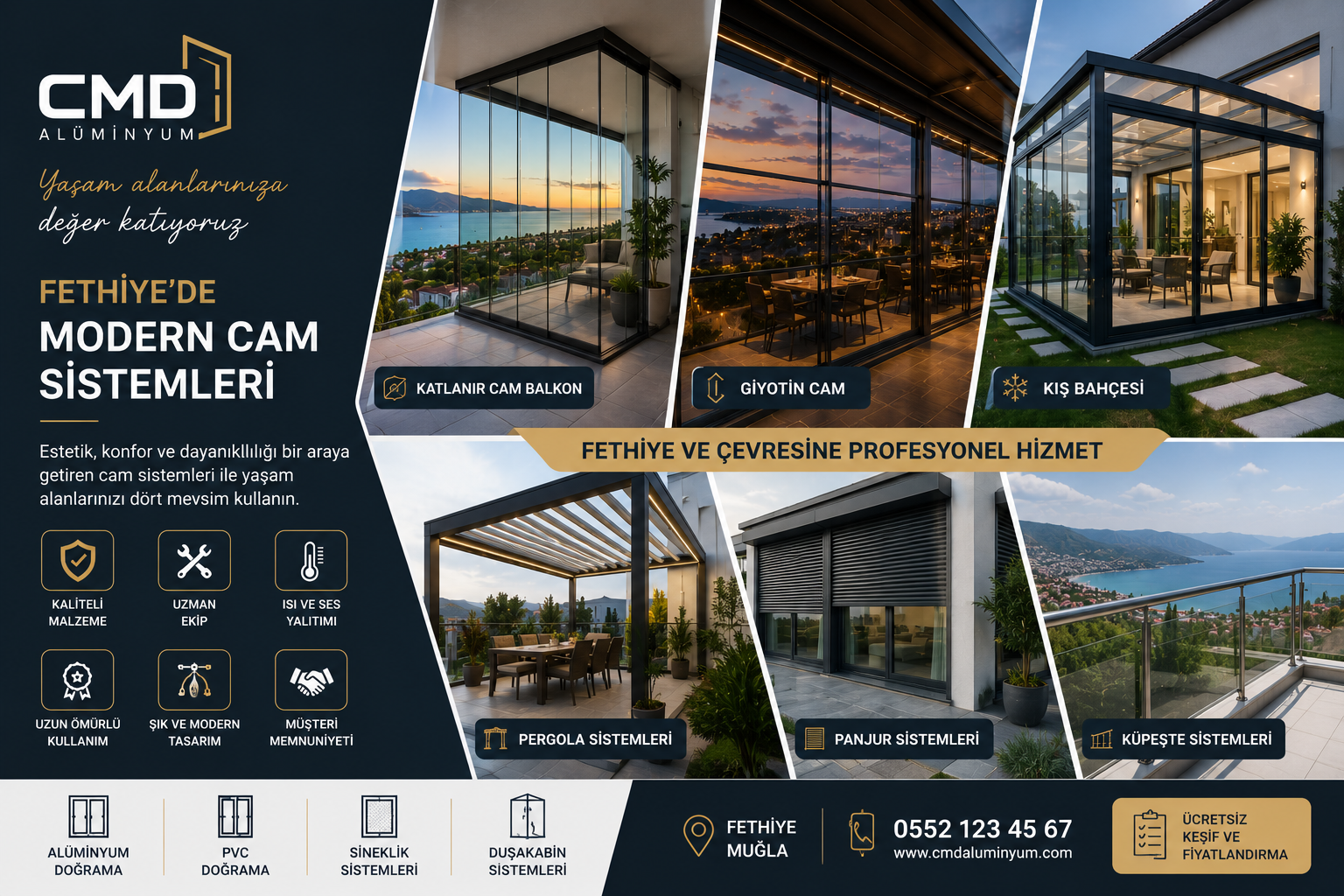 Fethiye Cam Balkon, Giyotin Cam, Katlanır Cam Balkon ve Kış Bahçesi Sistemleri